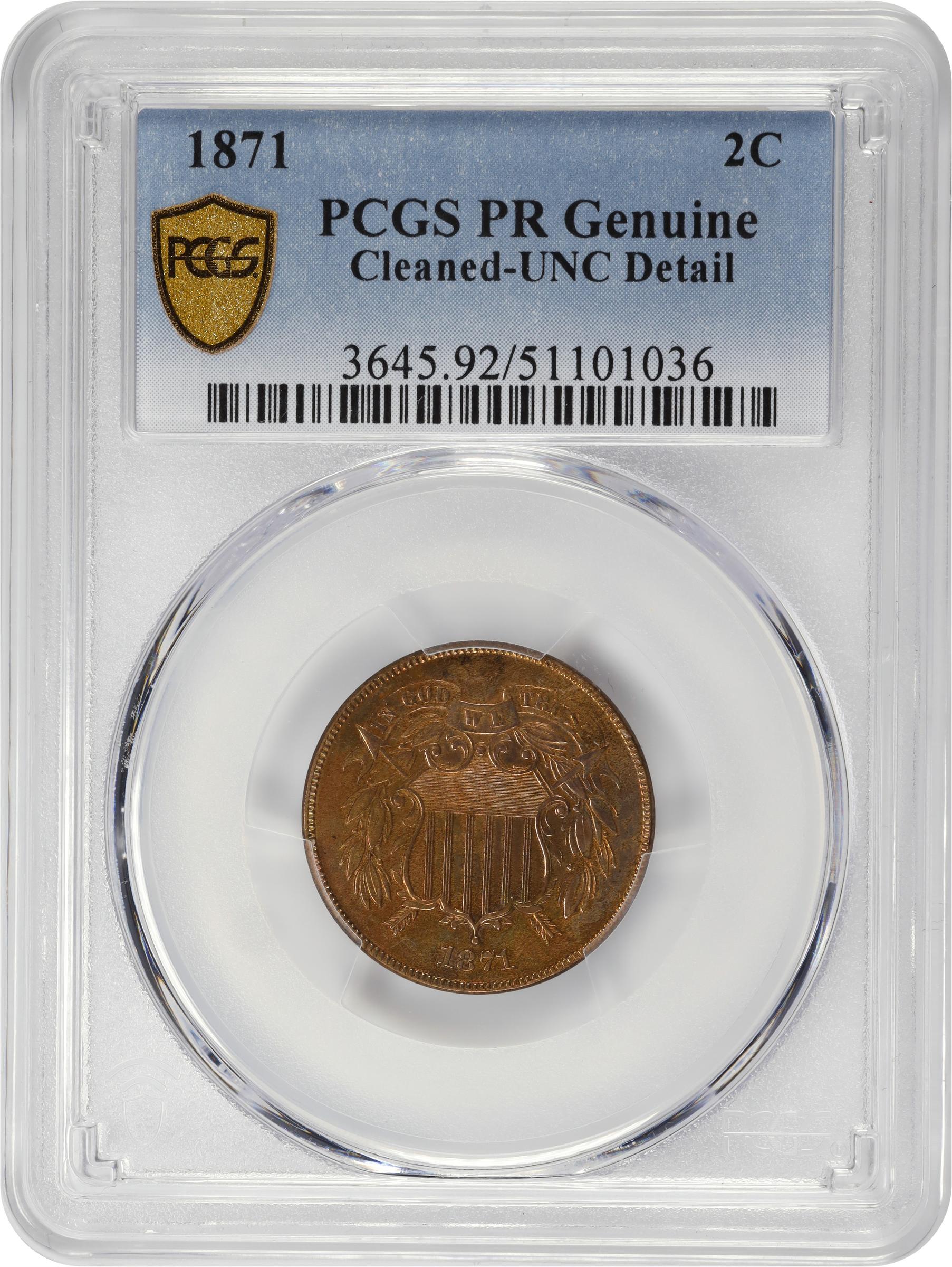 image for: 1871 Two-Cent Piece. Proof. Unc Details--Cleaned (PCGS).