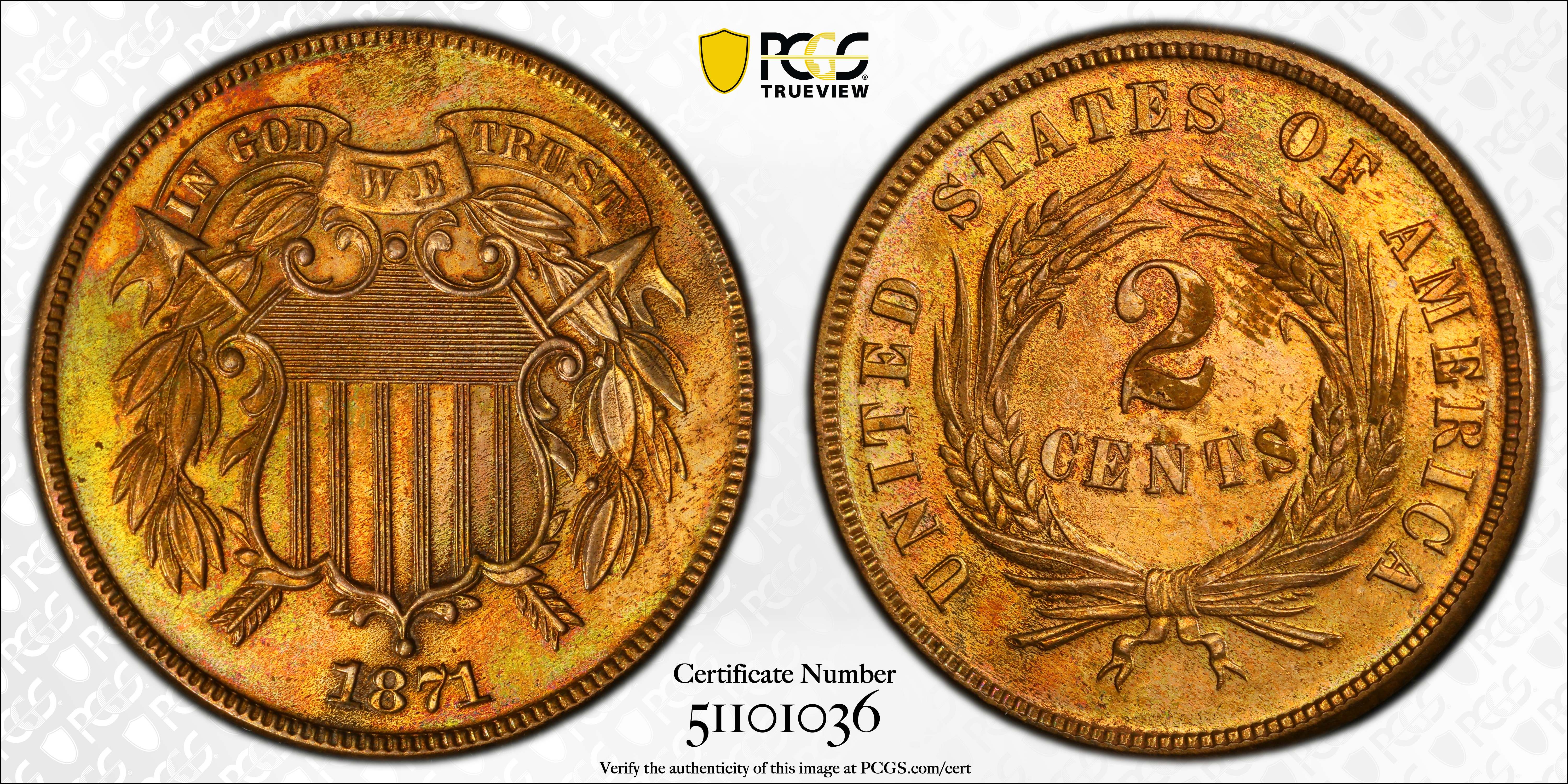 image for: 1871 Two-Cent Piece. Proof. Unc Details--Cleaned (PCGS).