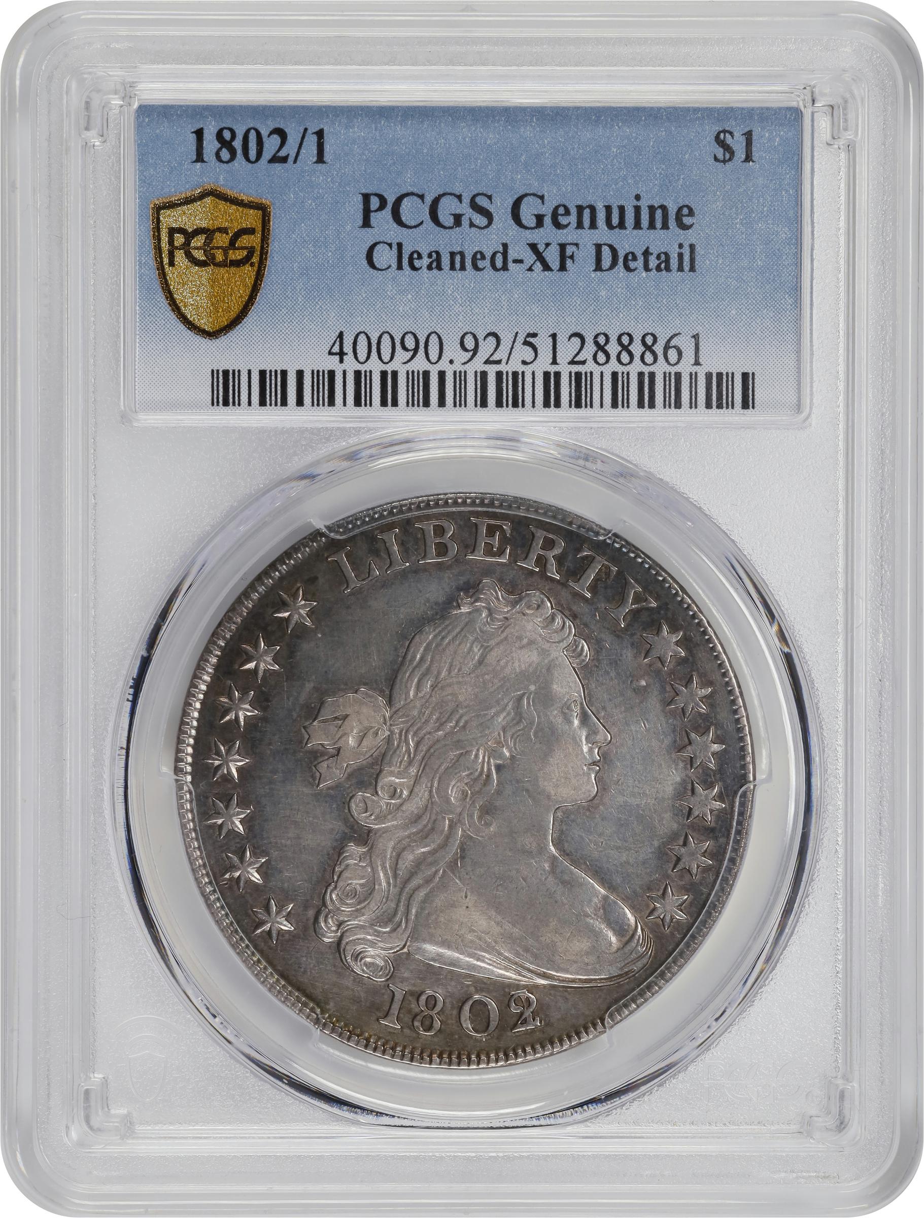 image for: 1802/1 Draped Bust Silver Dollar. BB-234, B-3. Rarity-3. Wide Date. EF Details--Cleaned (PCGS).