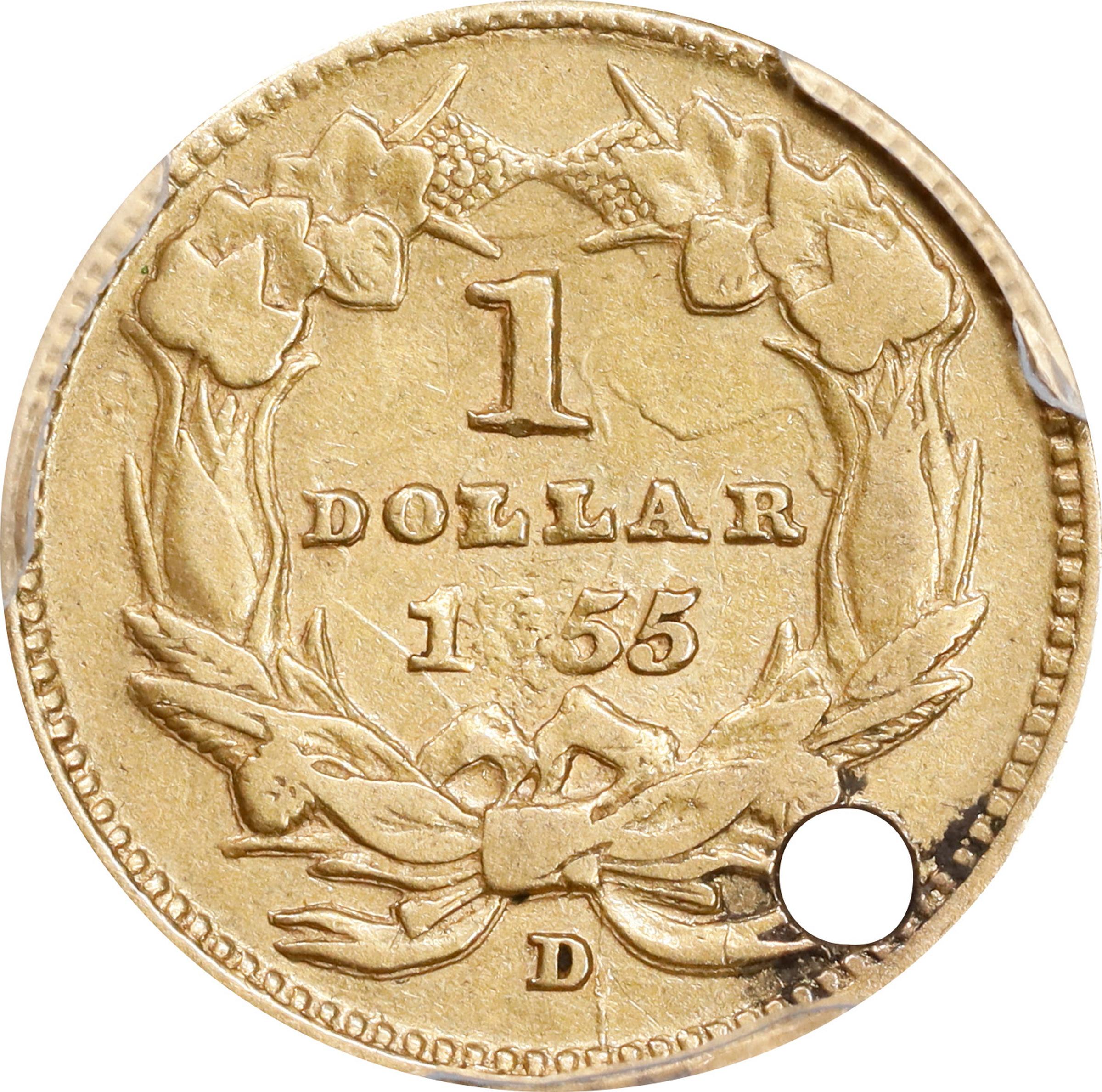 image for: 1855-D Gold Dollar. Type II. Winter 7-I. VF Details--Holed (PCGS).