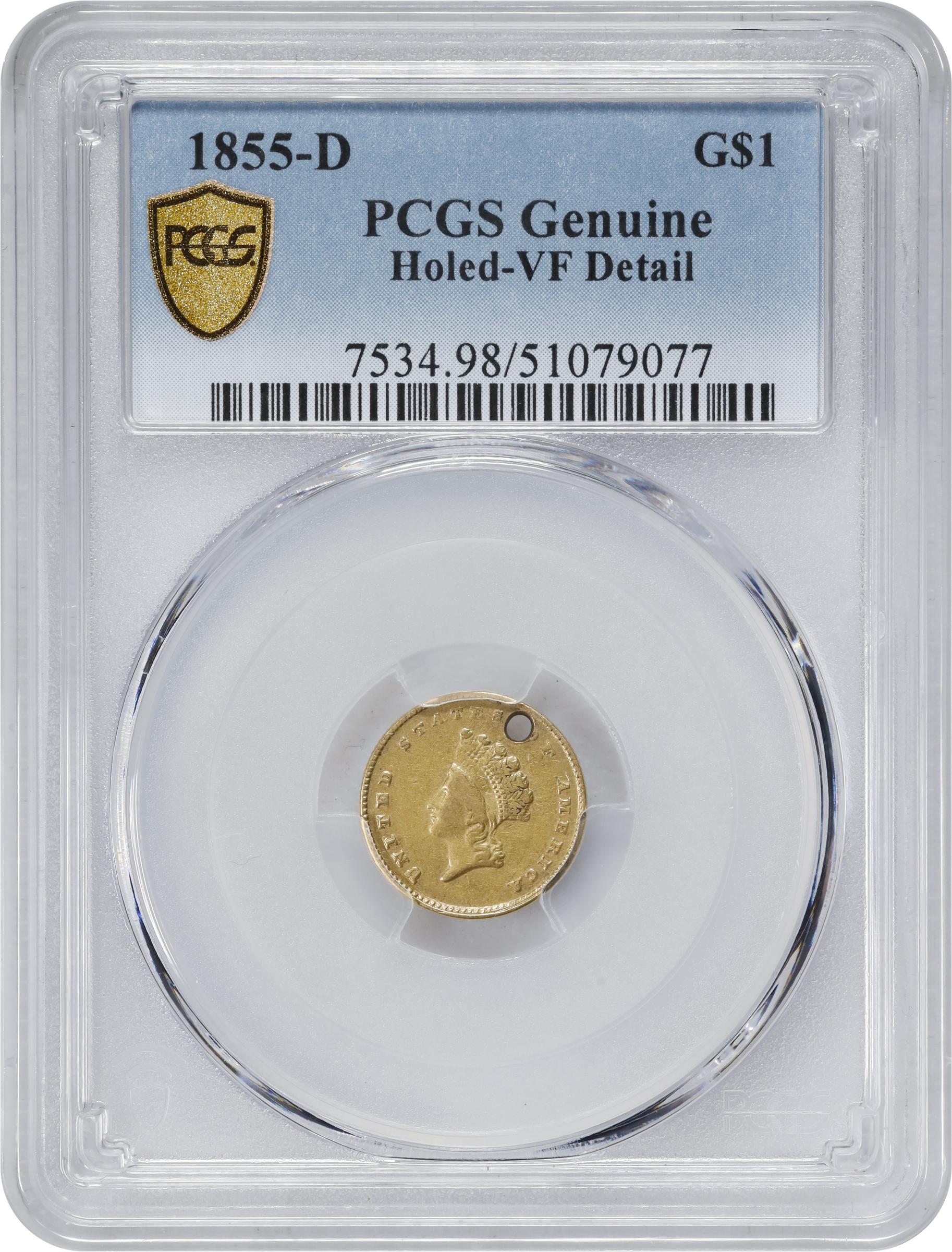 image for: 1855-D Gold Dollar. Type II. Winter 7-I. VF Details--Holed (PCGS).