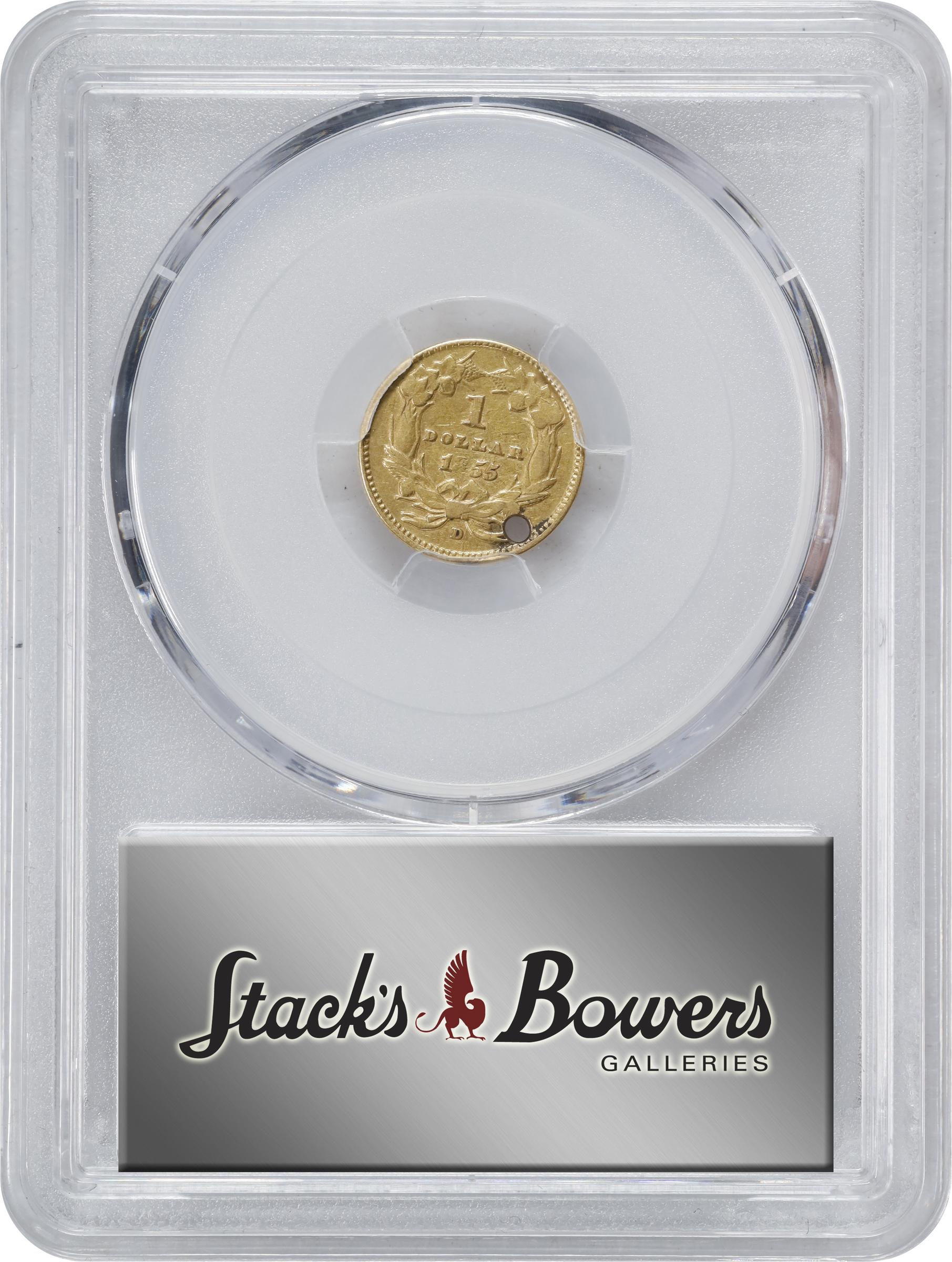 image for: 1855-D Gold Dollar. Type II. Winter 7-I. VF Details--Holed (PCGS).