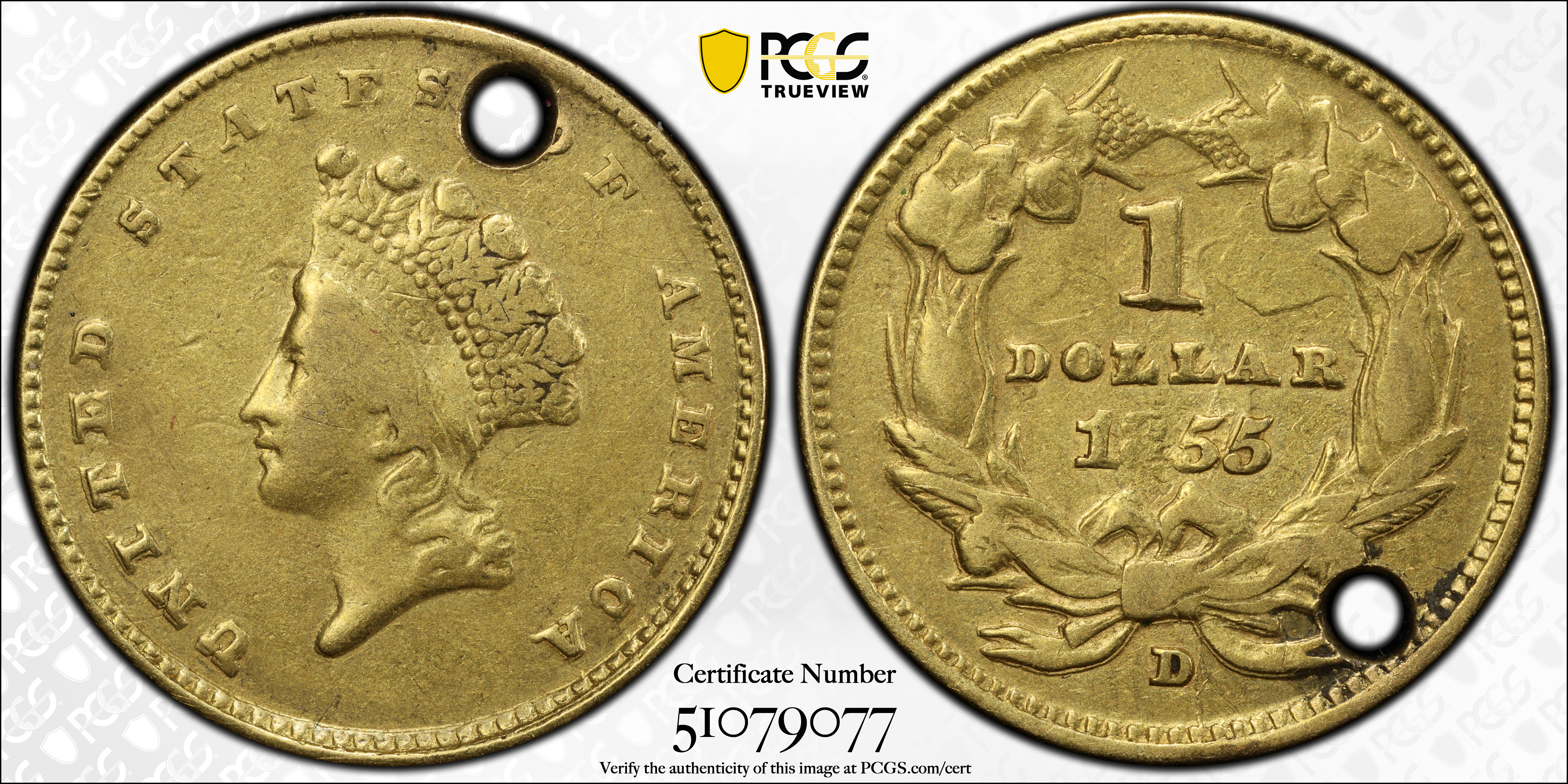 image for: 1855-D Gold Dollar. Type II. Winter 7-I. VF Details--Holed (PCGS).