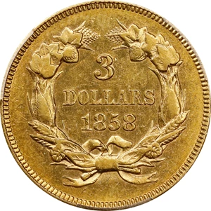 image for: 1858 Three-Dollar Gold Piece. AU Details--Altered Surfaces (PCGS).