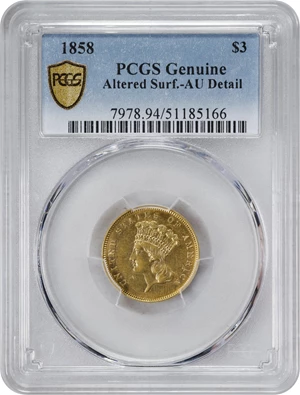 image for: 1858 Three-Dollar Gold Piece. AU Details--Altered Surfaces (PCGS).
