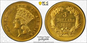 image for: 1858 Three-Dollar Gold Piece. AU Details--Altered Surfaces (PCGS).