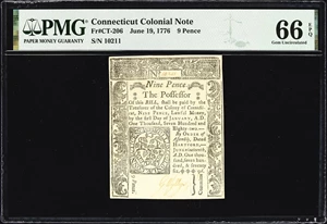 image for: CT-206. Connecticut. June 19, 1776. 9 Pence. PMG Gem Uncirculated 66 EPQ.