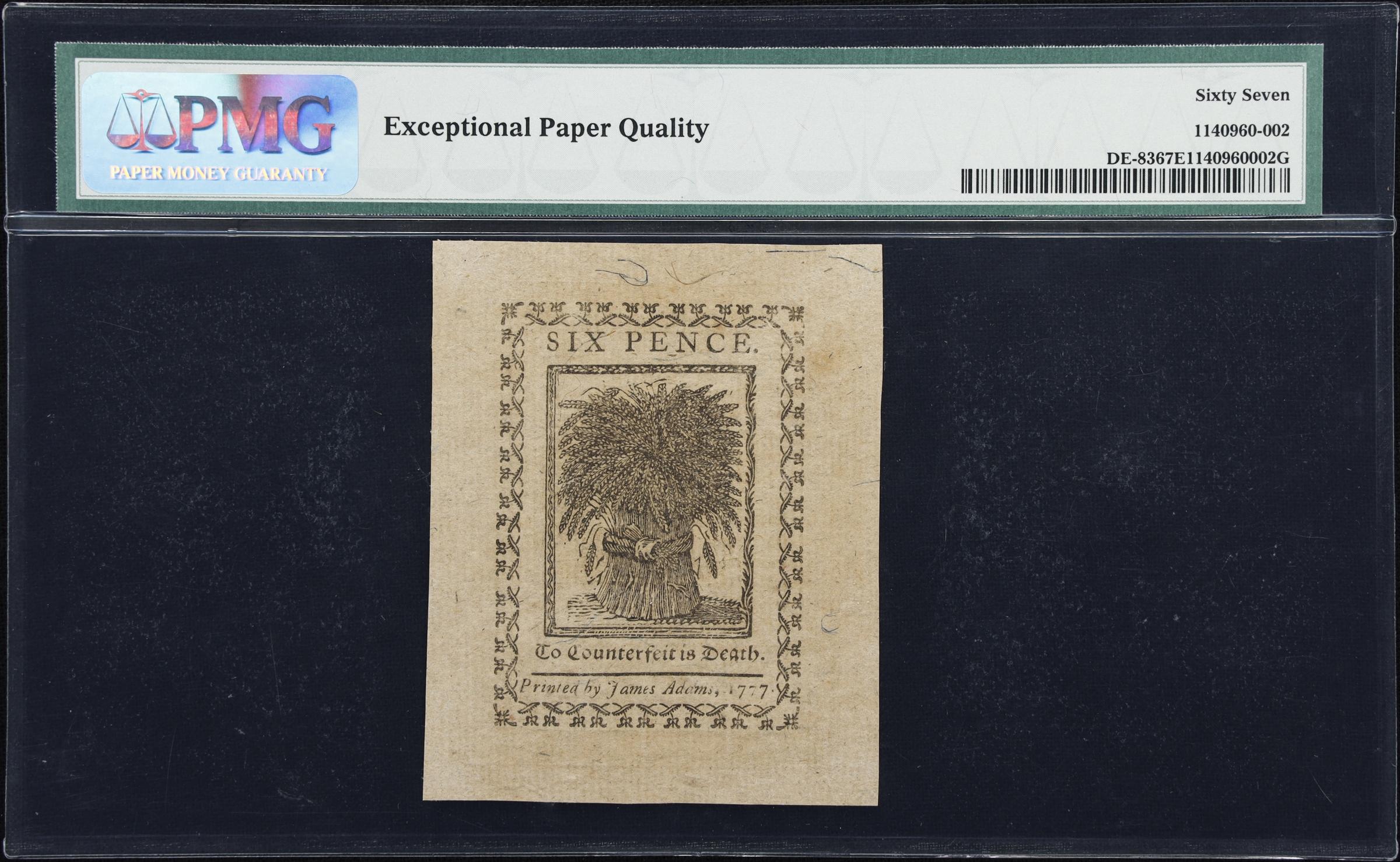 image for: DE-83. Delaware. May 1, 1777. 6 Pence. PMG Superb Gem Uncirculated 67 EPQ.