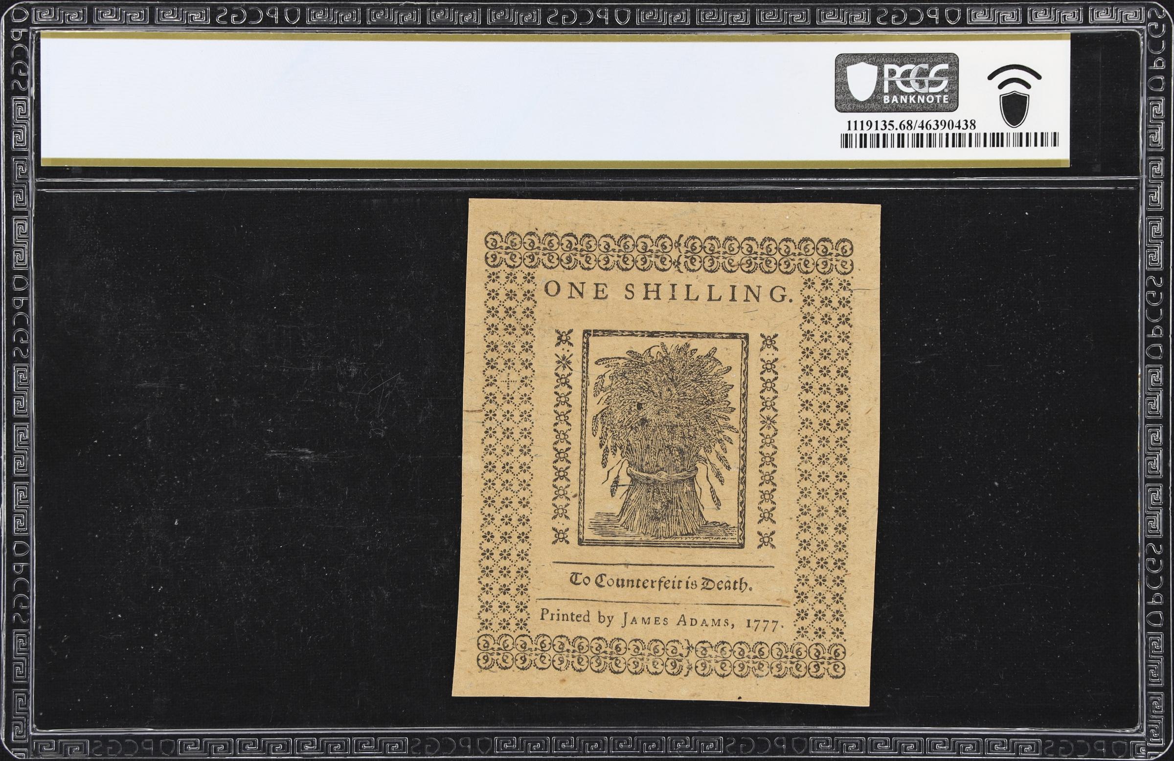 image for: DE-85. Delaware. May 1, 1777. 1 Shilling. PCGS Banknote Superb Gem Uncirculated 68 PPQ.