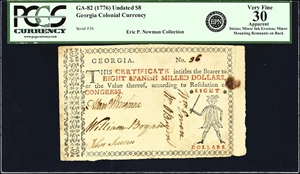 image for: GA-82. Georgia. ND (1776). $8. PCGS Currency Very Fine 30 Apparent. Stains; Minor Ink Erosion; Minor Mounting Remnants on Back.