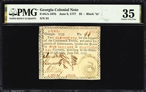 image for: GA-107b. Georgia. June 8, 1777. $5. PMG Choice Very Fine 35.