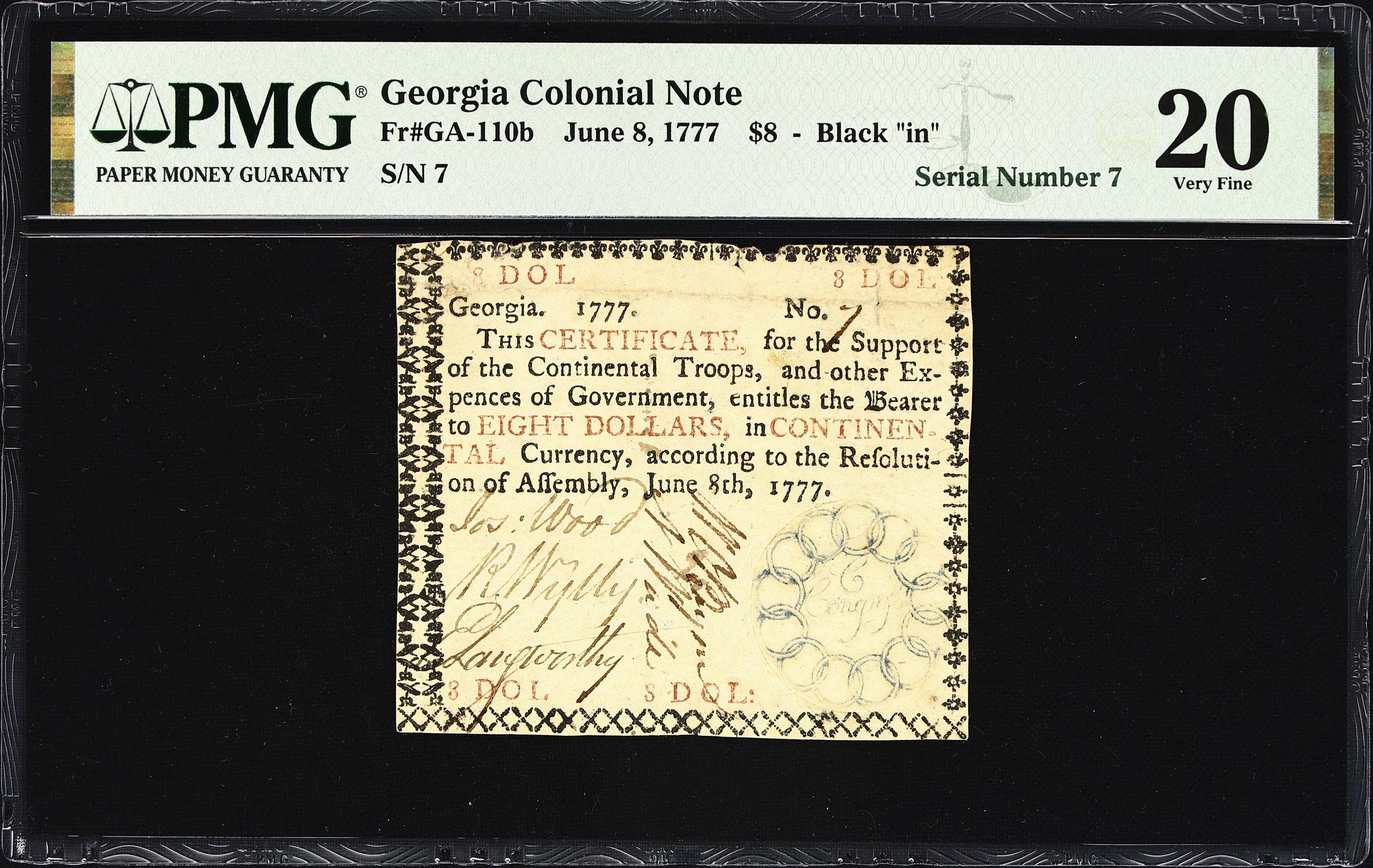 image for: GA-110b. Georgia. June 8, 1777. $8. PMG Very Fine 20. Serial Number 7.