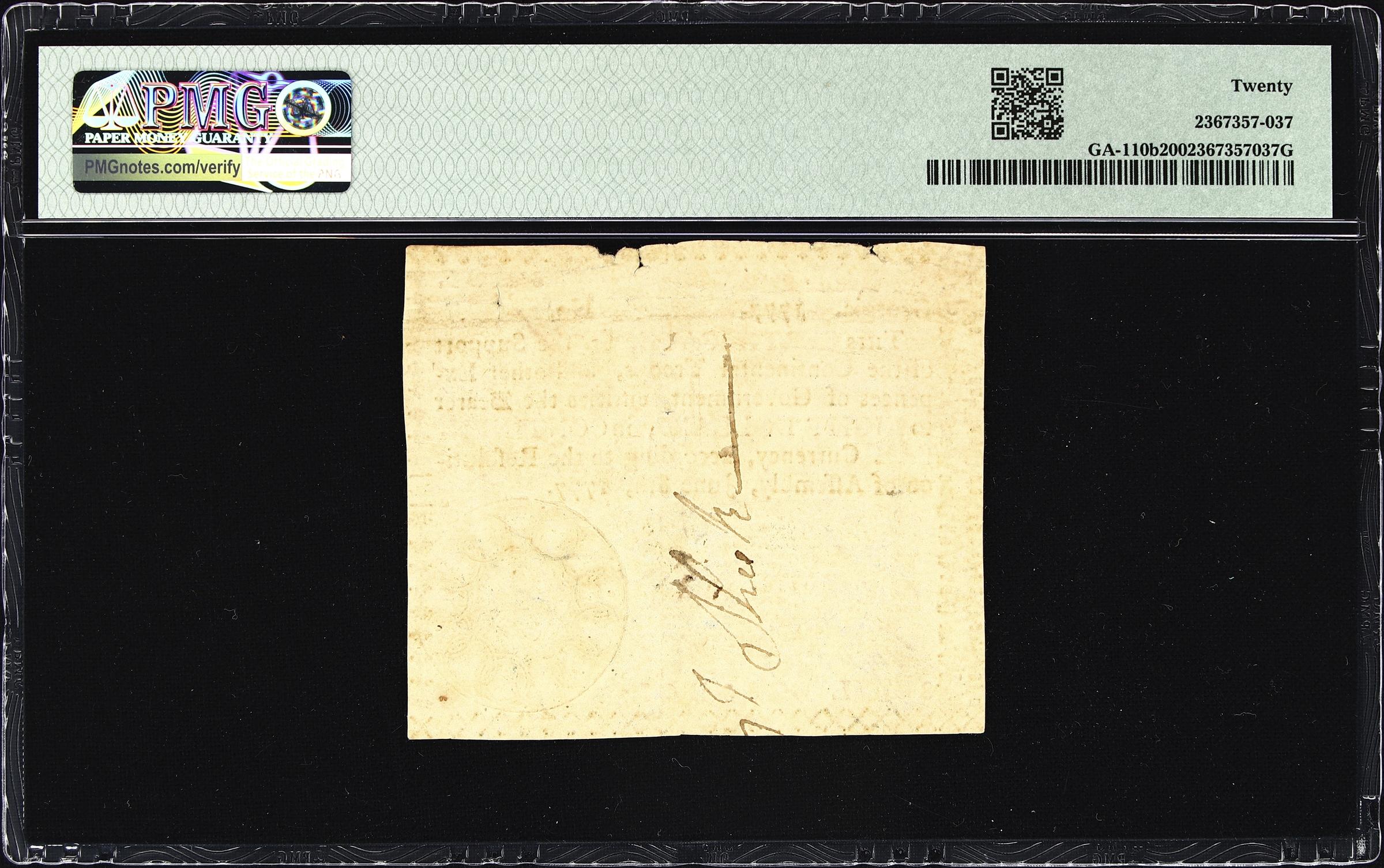 image for: GA-110b. Georgia. June 8, 1777. $8. PMG Very Fine 20. Serial Number 7.