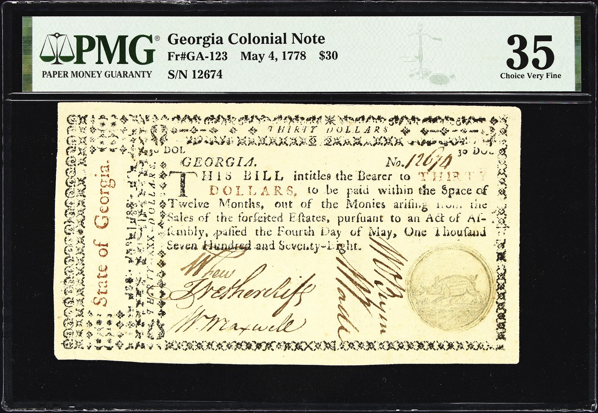 image for: GA-123. Georgia. May 4, 1778. $30. PMG Choice Very Fine 35.