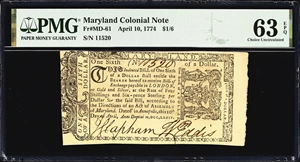 image for: MD-61. Maryland. April 10, 1774. $1/6. PMG Choice Uncirculated 63 EPQ.