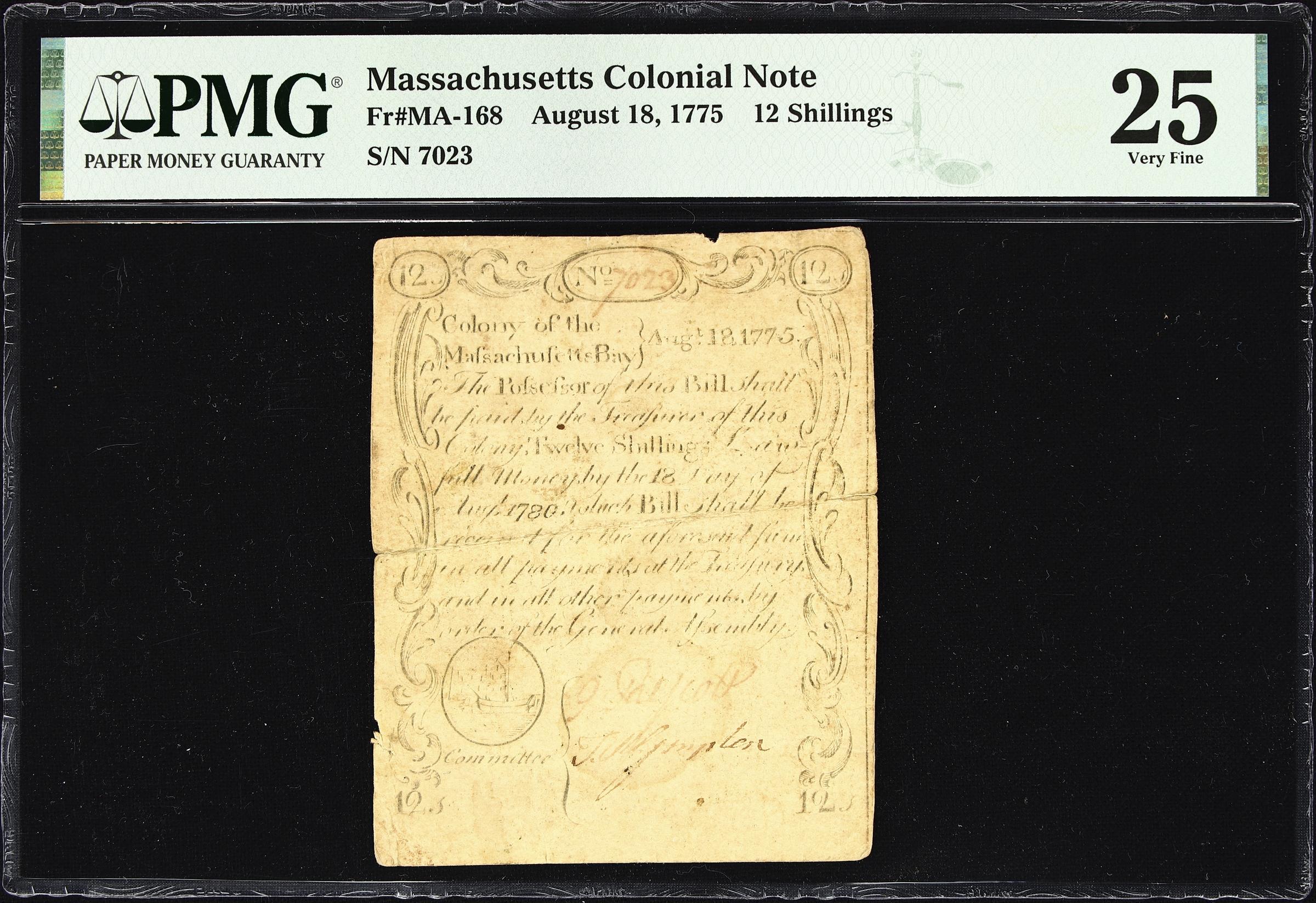 image for: MA-168. Massachusetts. August 18, 1775. 12 Shillings. PMG Very Fine 25.