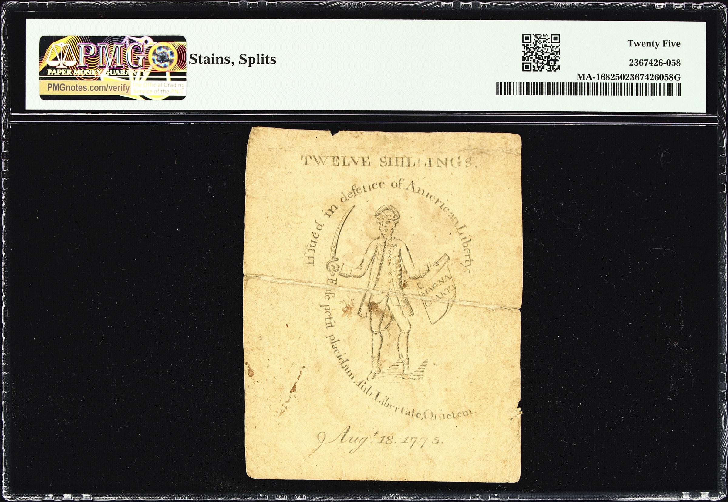 image for: MA-168. Massachusetts. August 18, 1775. 12 Shillings. PMG Very Fine 25.