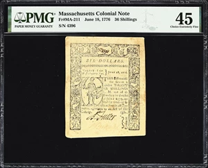 image for: MA-211. Massachusetts. June 18, 1776. 36 Shillings. PMG Choice Extremely Fine 45.