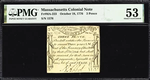 image for: MA-223. Massachusetts. October 18, 1776. 3 Pence. PMG About Uncirculated 53.