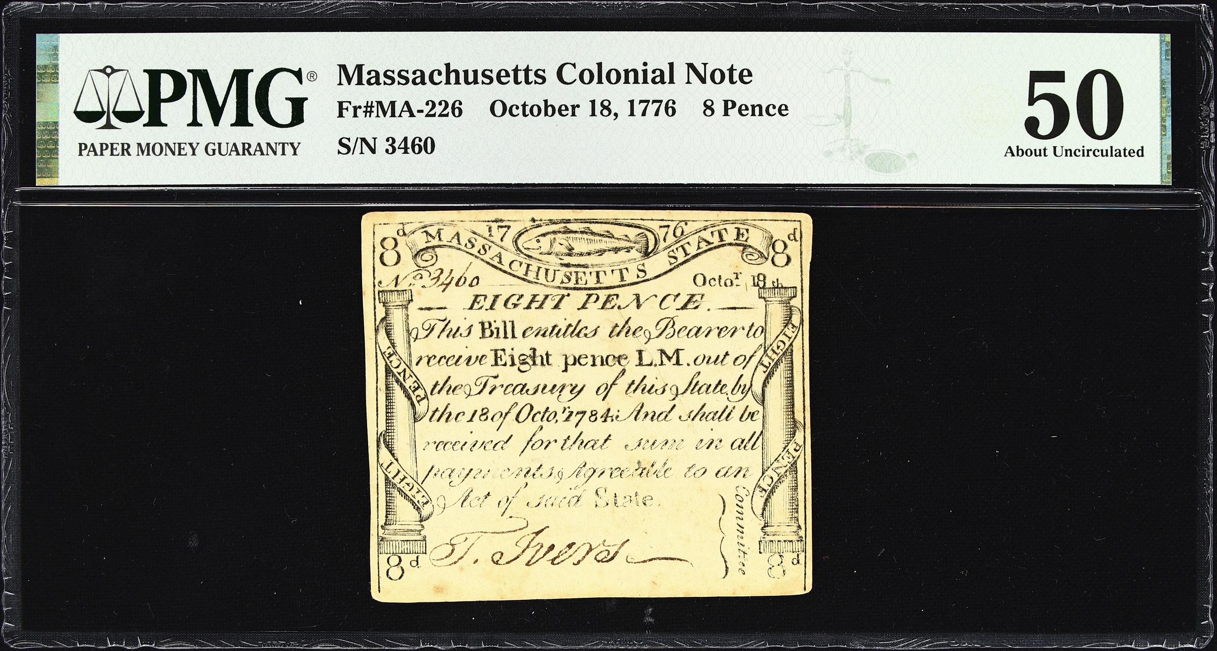 image for: MA-226. Massachusetts. October 18, 1776. 8 Pence. PMG About Uncirculated 50.