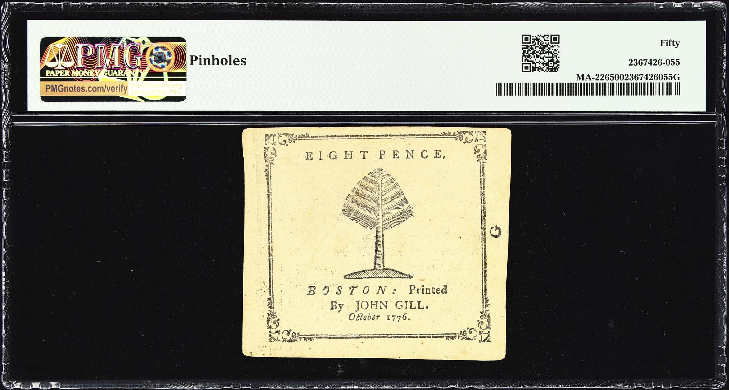 image for: MA-226. Massachusetts. October 18, 1776. 8 Pence. PMG About Uncirculated 50.