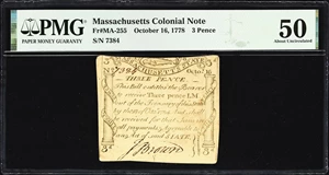 image for: MA-255. Massachusetts. October 16, 1778. 3 Pence. PMG About Uncirculated 50.