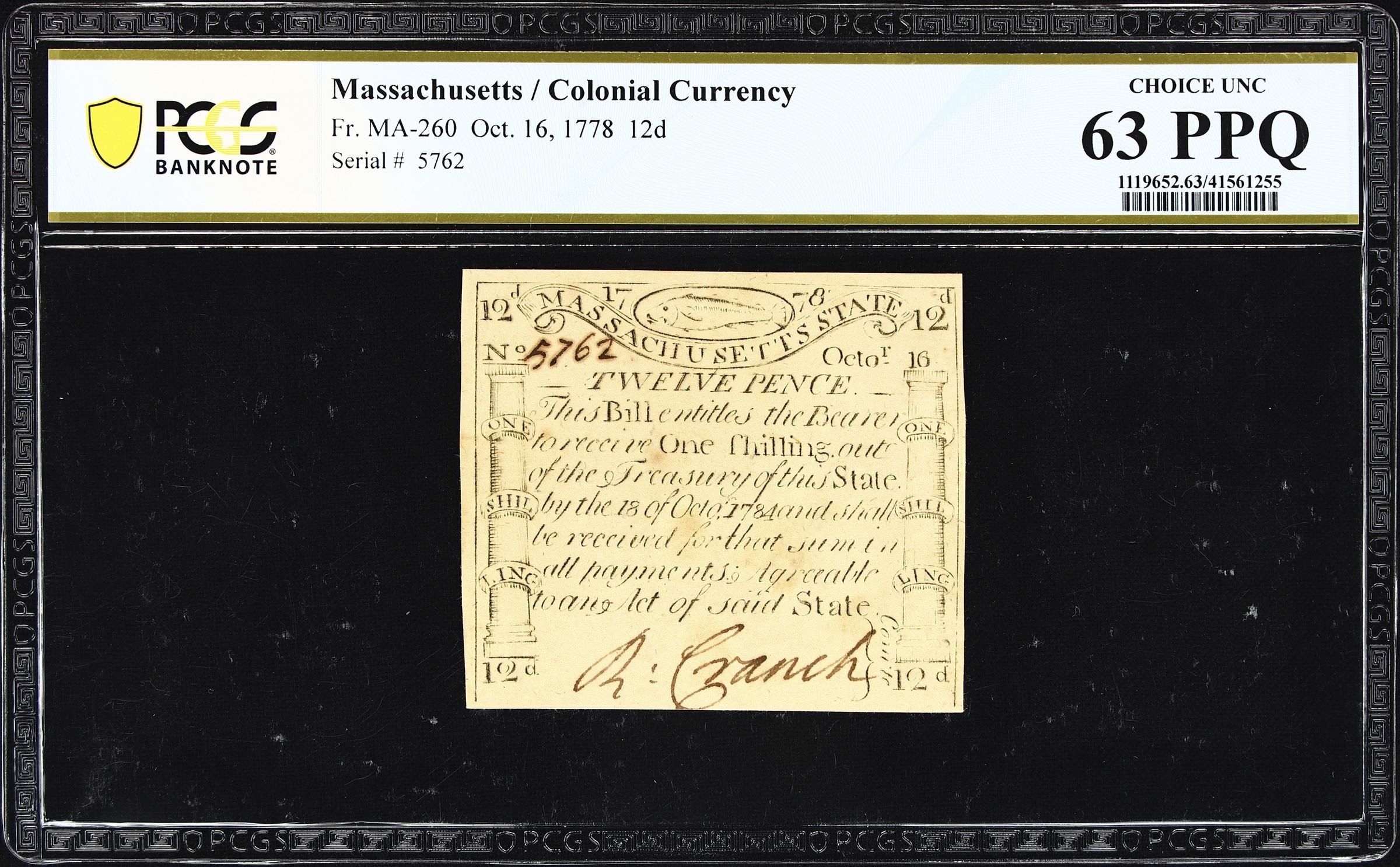 image for: MA-260. Massachusetts. October 16, 1778. 12 Pence. PCGS Banknote Choice Uncirculated 63 PPQ.