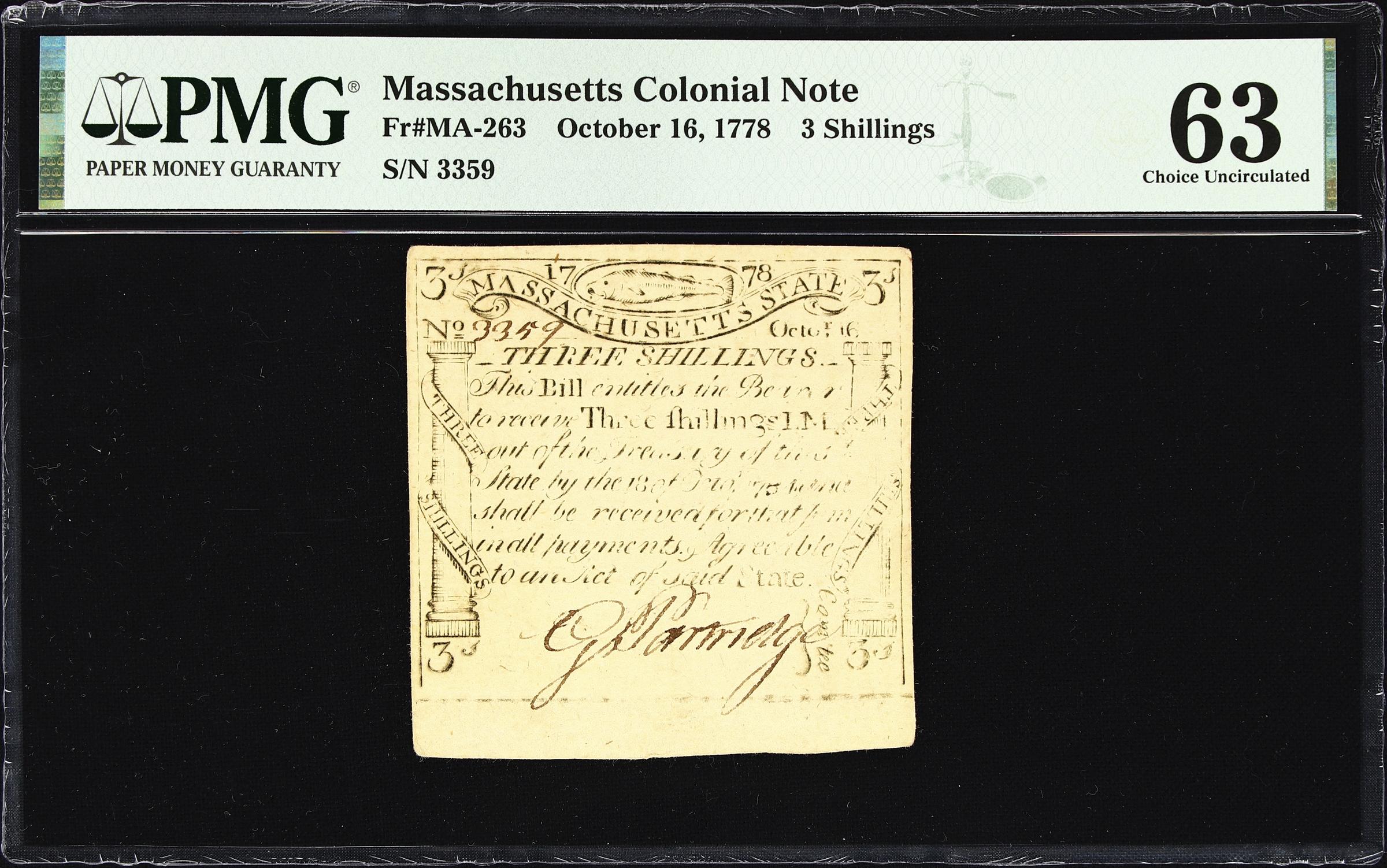 image for: MA-263. Massachusetts. October 16, 1778. 3 Shillings. PMG Choice Uncirculated 63.