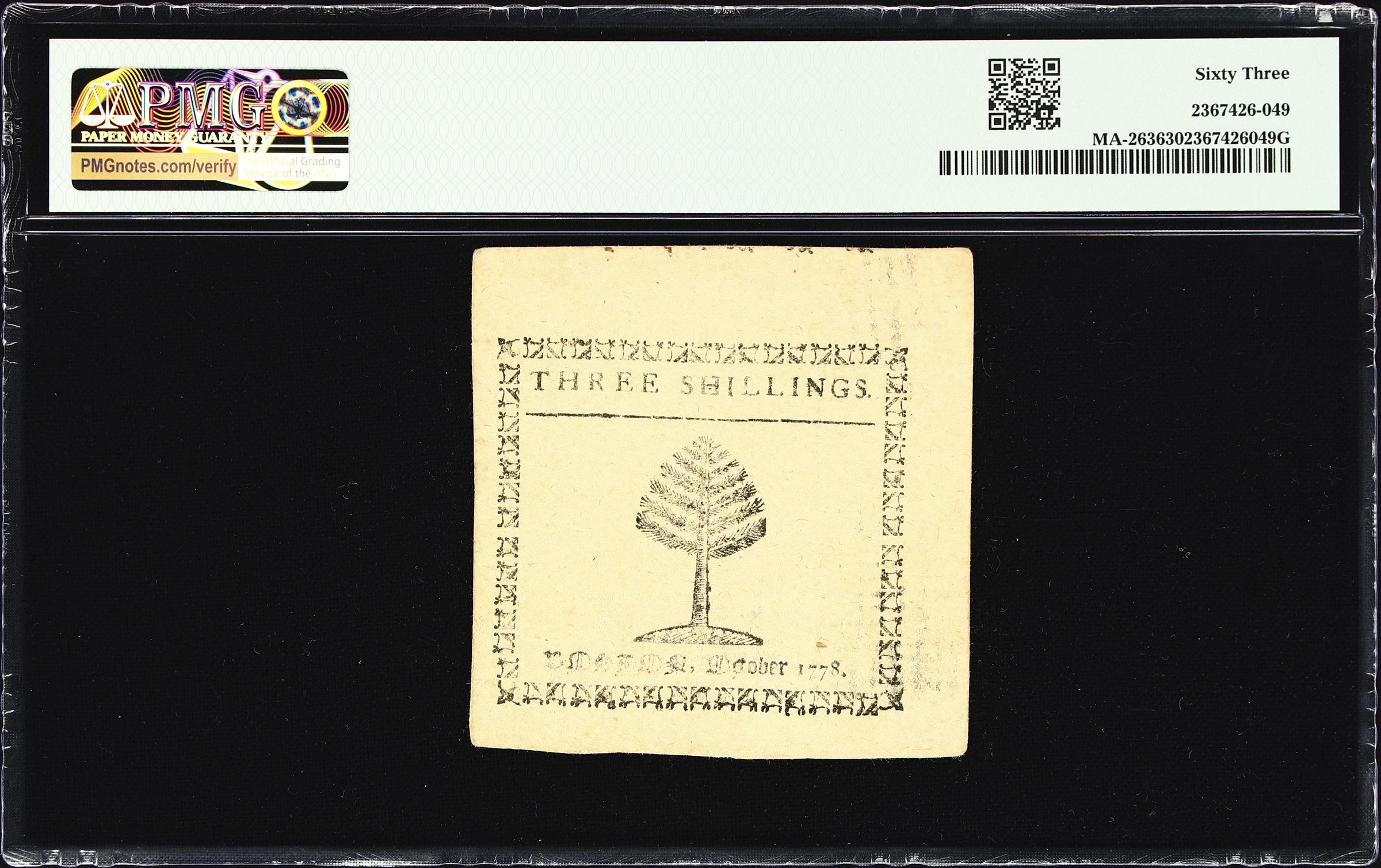image for: MA-263. Massachusetts. October 16, 1778. 3 Shillings. PMG Choice Uncirculated 63.
