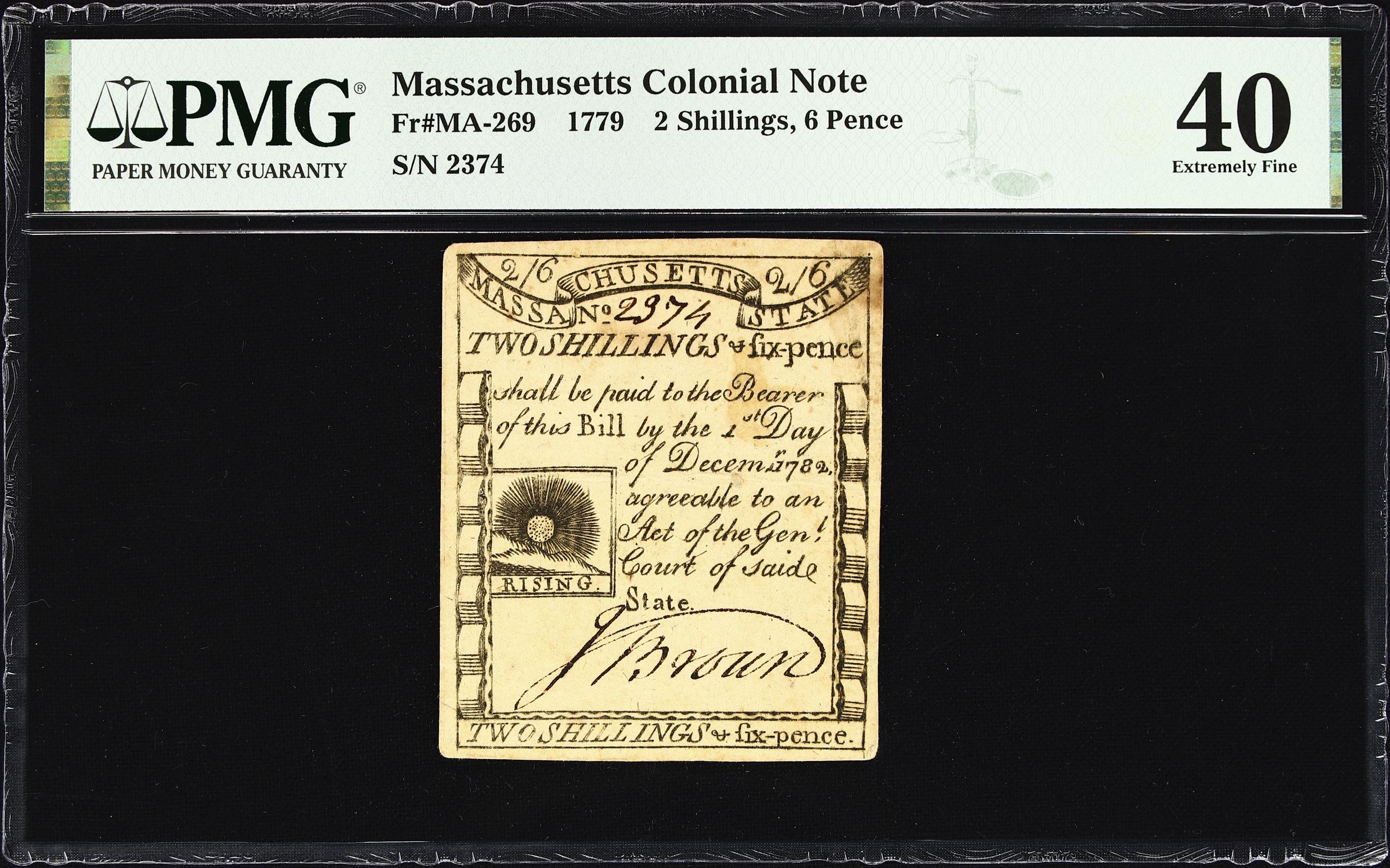 image for: MA-269. Massachusetts. 1779. 2 Shillings, 6 Pence. PMG Extremely Fine 40.