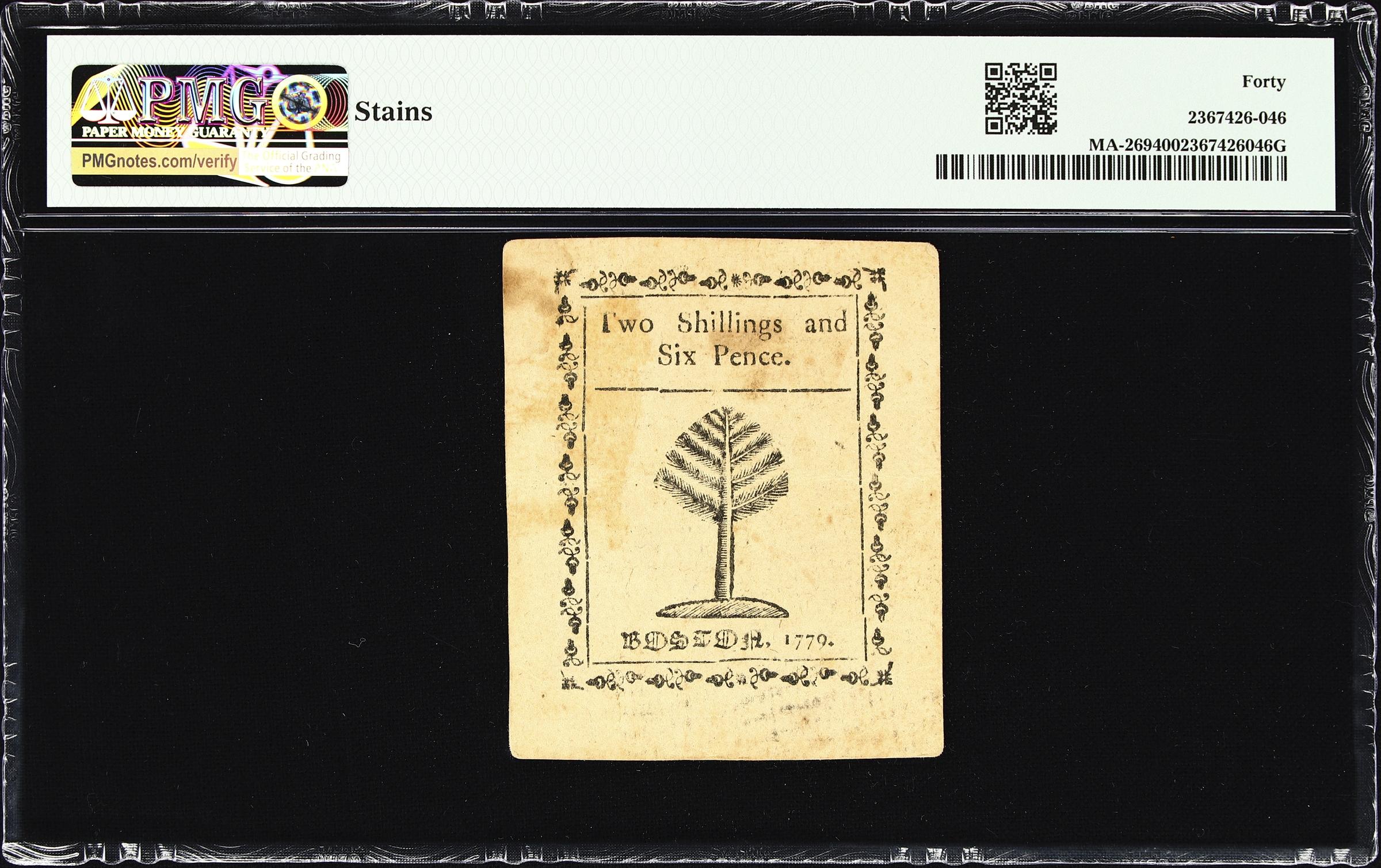 image for: MA-269. Massachusetts. 1779. 2 Shillings, 6 Pence. PMG Extremely Fine 40.