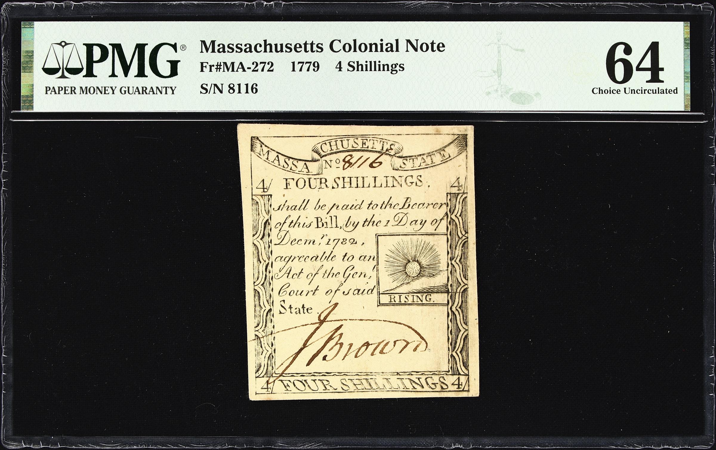 image for: MA-272. Massachusetts. 1779. 4 Shillings. PMG Choice Uncirculated 64.