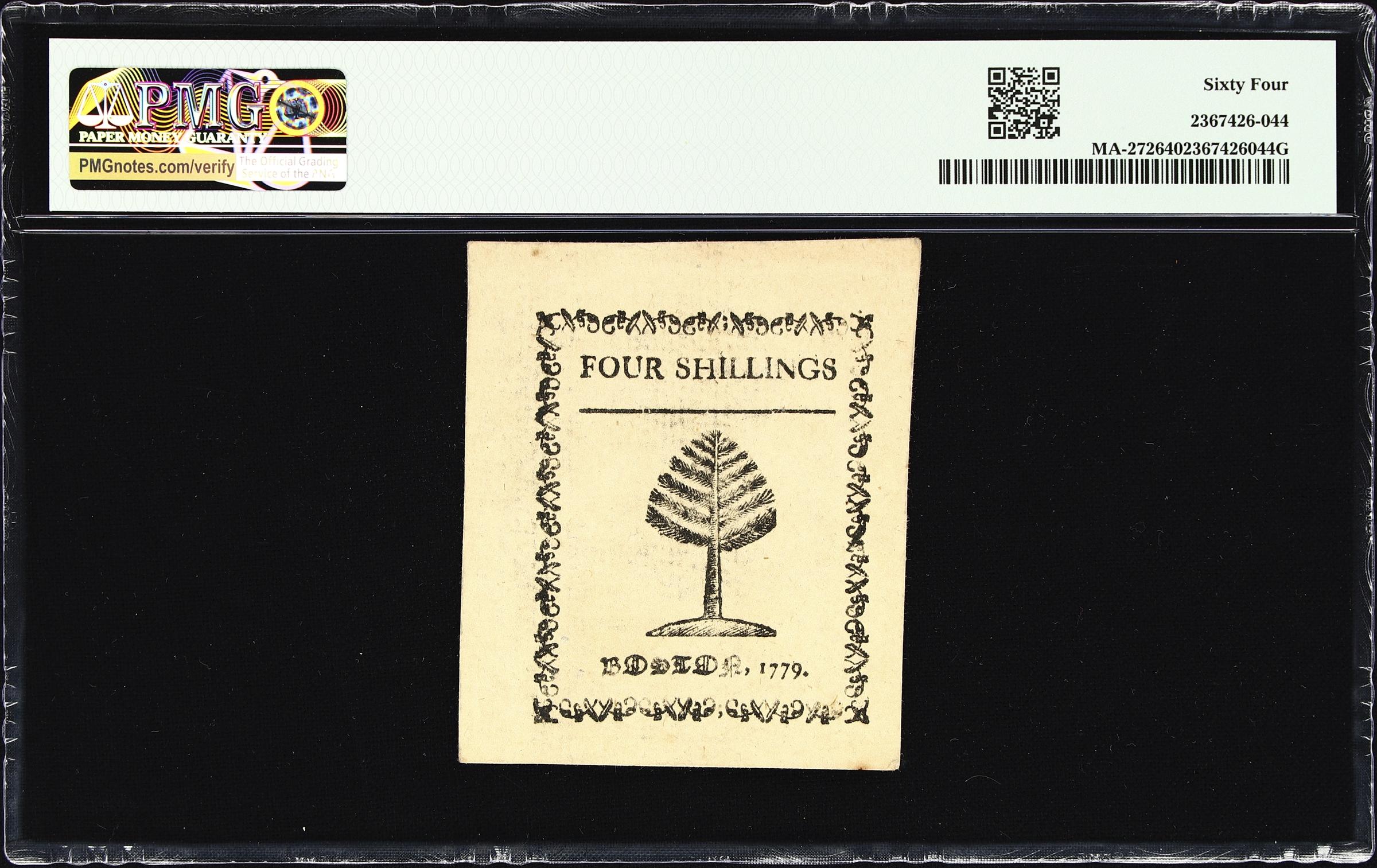 image for: MA-272. Massachusetts. 1779. 4 Shillings. PMG Choice Uncirculated 64.