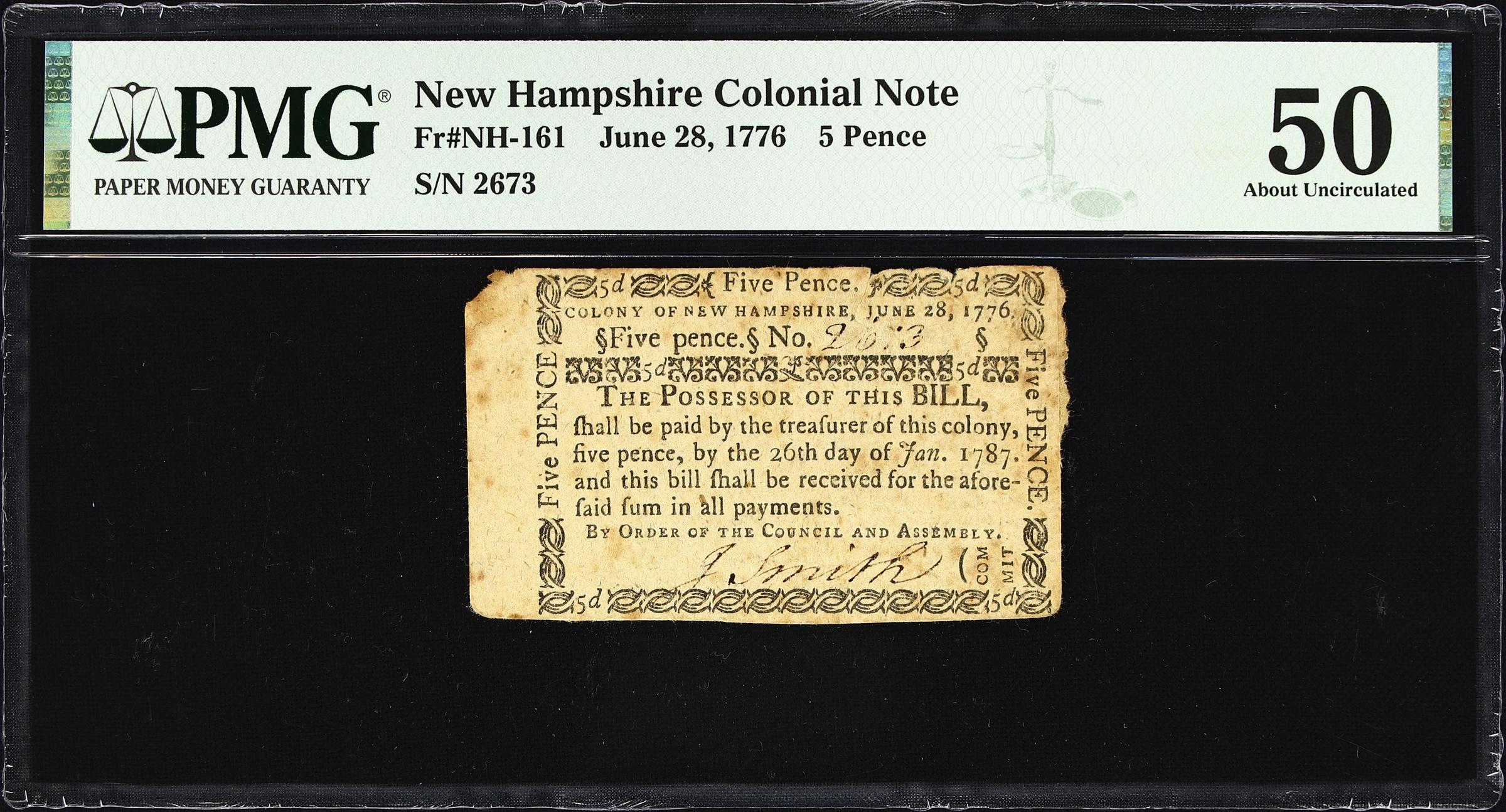 image for: NH-161. New Hampshire. June 28, 1776. 5 Pence. PMG About Uncirculated 50.
