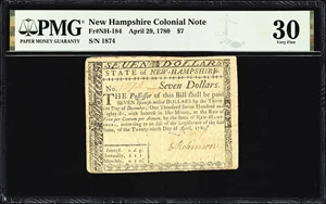 image for: NH-184. New Hampshire. April 29, 1780. $7. PMG Very Fine 30.