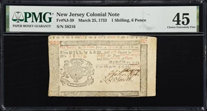 image for: NJ-39. New Jersey. March 25, 1733. 1 Shilling, 6 Pence. PMG Choice Extremely Fine 45.