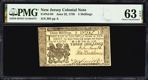 image for: NJ-94. New Jersey. June 22, 1756. 3 Shillings. PMG Choice Uncirculated 63 EPQ.
