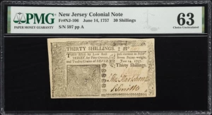 image for: NJ-106. New Jersey. June 14, 1757. 30 Shillings. PMG Choice Uncirculated 63.