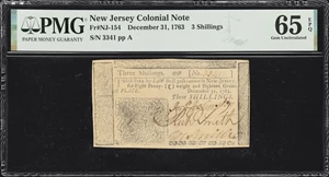 image for: NJ-154. New Jersey. December 31, 1763. 3 Shillings. PMG Gem Uncirculated 65 EPQ.