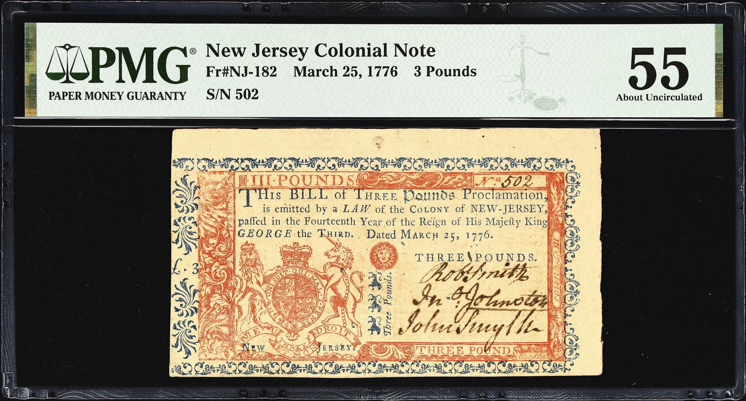 image for: NJ-182. New Jersey. March 25, 1776. 3 Pounds. PMG About Uncirculated 55.