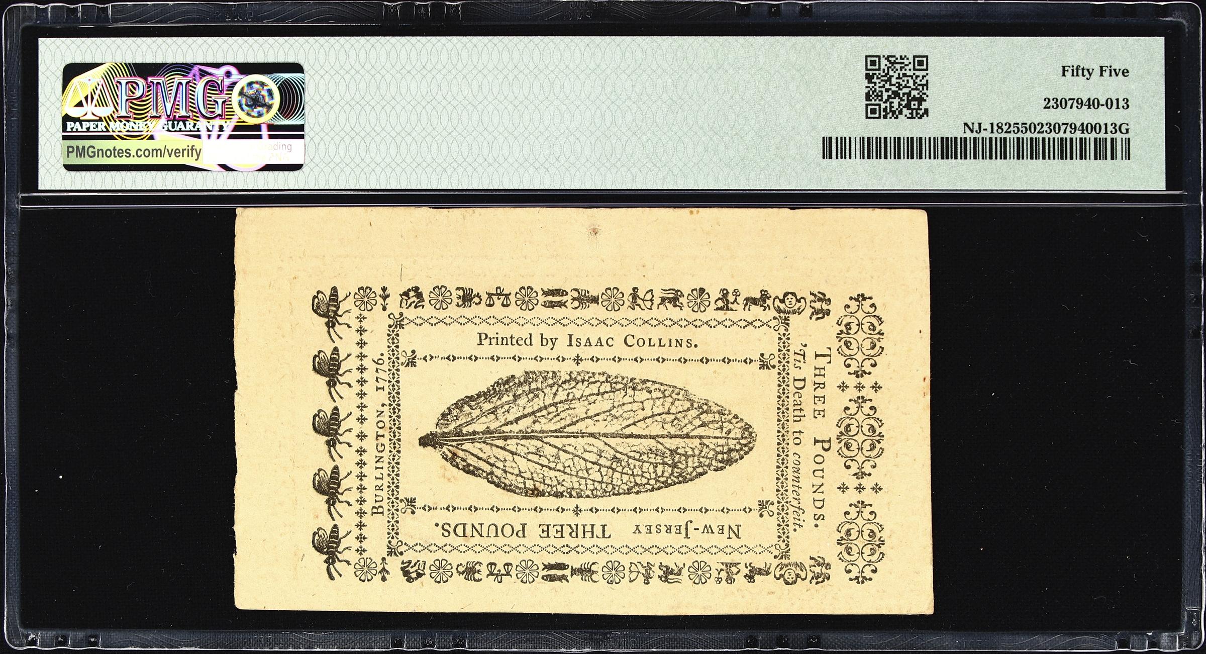 image for: NJ-182. New Jersey. March 25, 1776. 3 Pounds. PMG About Uncirculated 55.