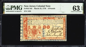 image for: NJ-183. New Jersey. March 25, 1776. 6 Pounds. PMG Choice Uncirculated 63 EPQ.
