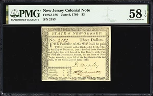 image for: NJ-186. New Jersey. June 9, 1780. $3. PMG Choice About Uncirculated 58 EPQ.