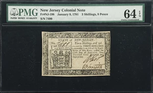 image for: NJ-198. New Jersey. January 9, 1781. 3 Shillings, 9 Pence. PMG Choice Uncirculated 64 EPQ.