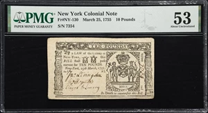 image for: NY-130. New York. March 25, 1755. 10 Pounds. PMG About Uncirculated 53.