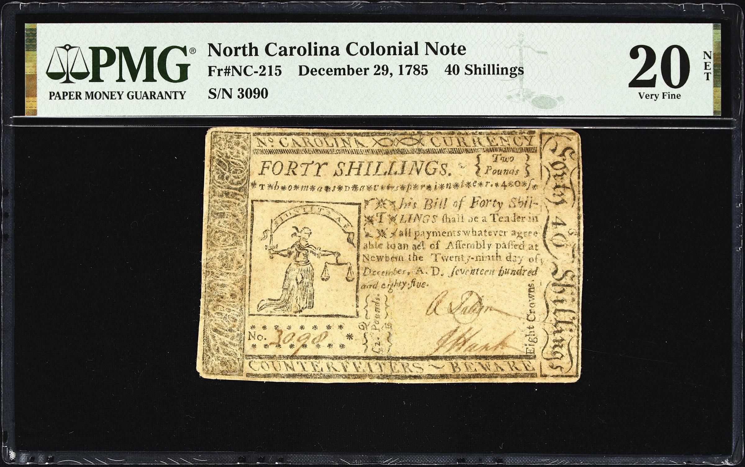 image for: NC-215. North Carolina. December 29, 1785. 40 Shillings. PMG Very Fine 20 Net. Severed & Reattached, Repaired.