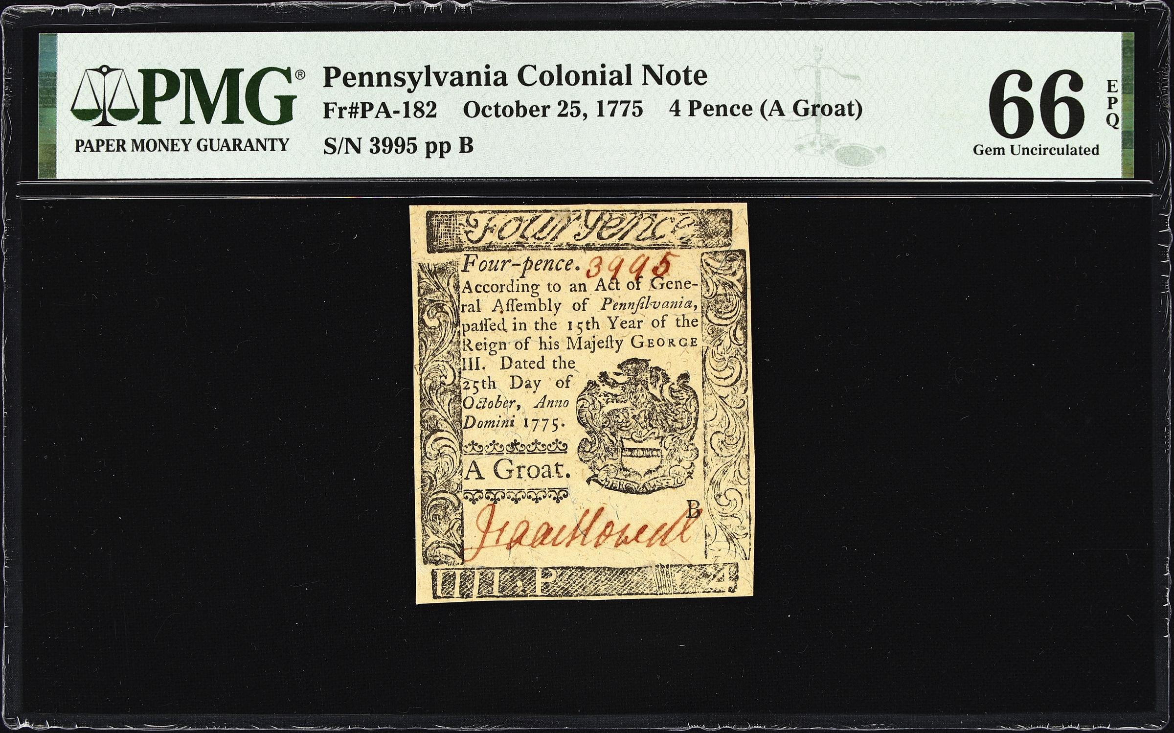 image for: PA-182. Pennsylvania. October 25, 1775. 4 Pence. PMG Gem Uncirculated 66 EPQ.