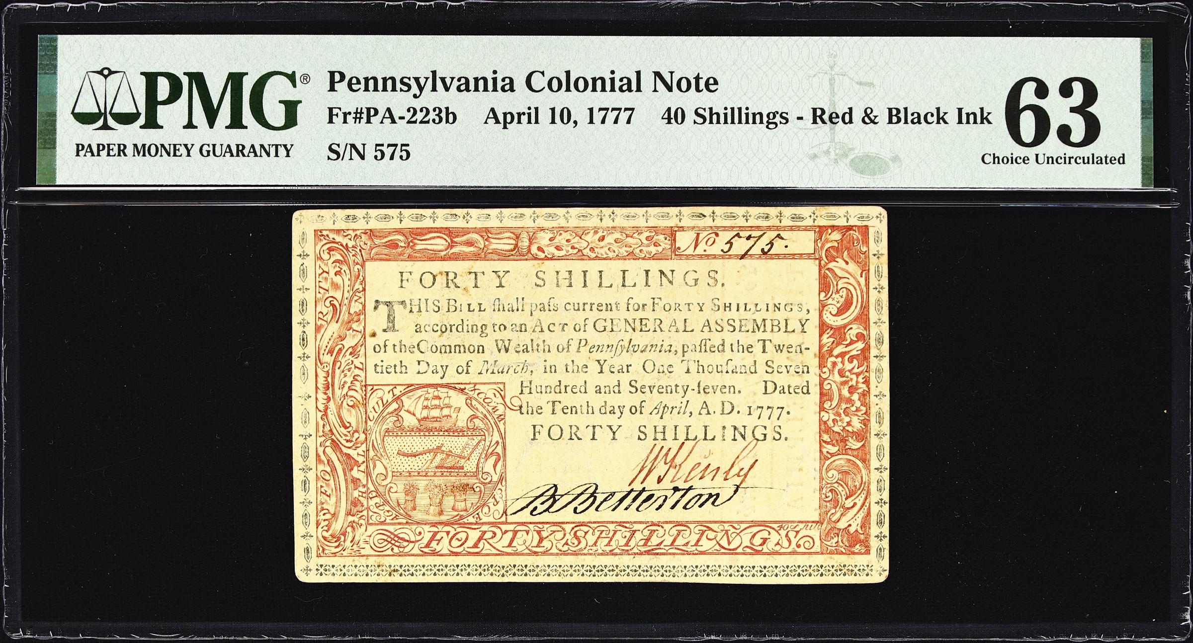 image for: PA-223b. Pennsylvania. April 10, 1777. 40 Shillings. PMG Choice Uncirculated 63.
