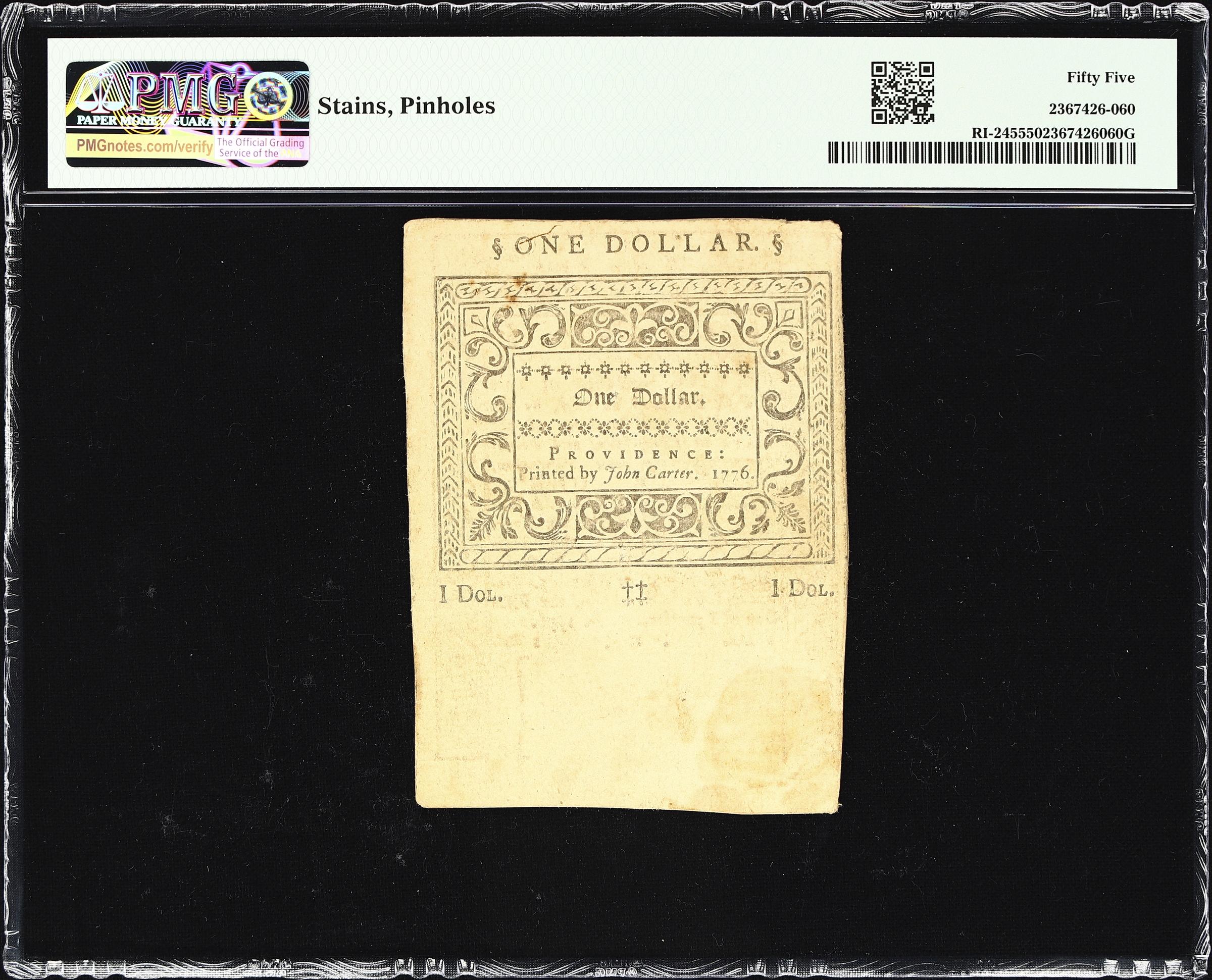 image for: RI-245. Rhode Island. September 5, 1776. $1. PMG About Uncirculated 55.