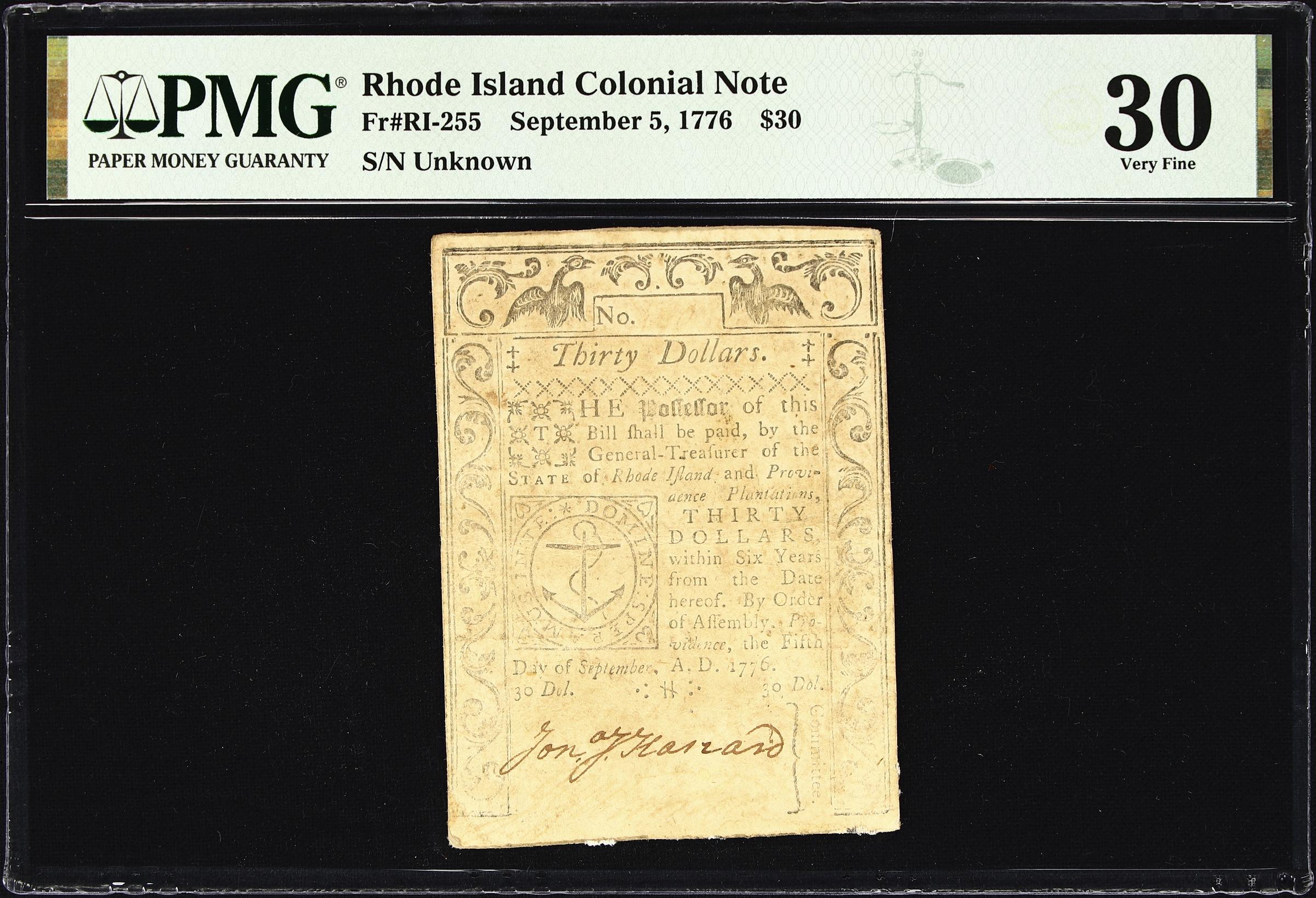 image for: RI-255. Rhode Island. September 5, 1776. $30. PMG Very Fine 30.